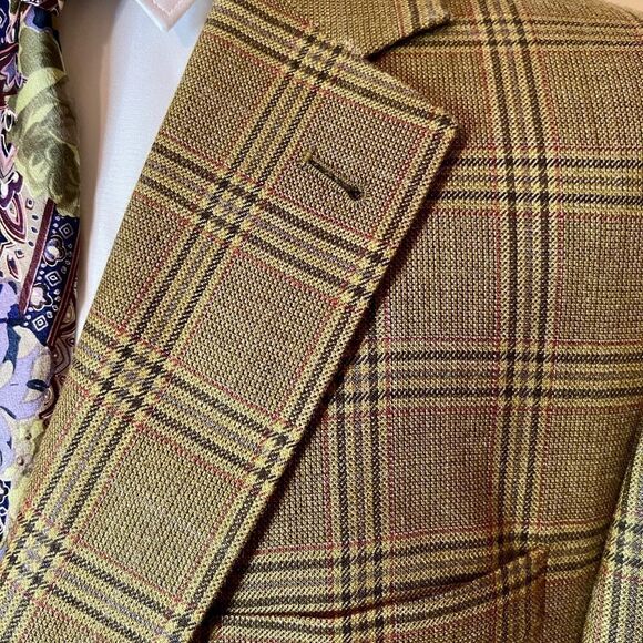 Men's Jos. A. Bank Silk Wool Tan Brown Plaid Sport Coat Blazer Jacket Size 43R - Picture 3 of 7